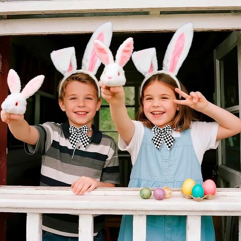 White Bunny Ears Headband & Tail Set 4PCS Rabbit Costume Accessories with Bow Tie Clock Necklace for Easter Halloween Cosplay Adults Party Dress Up in Kuwait