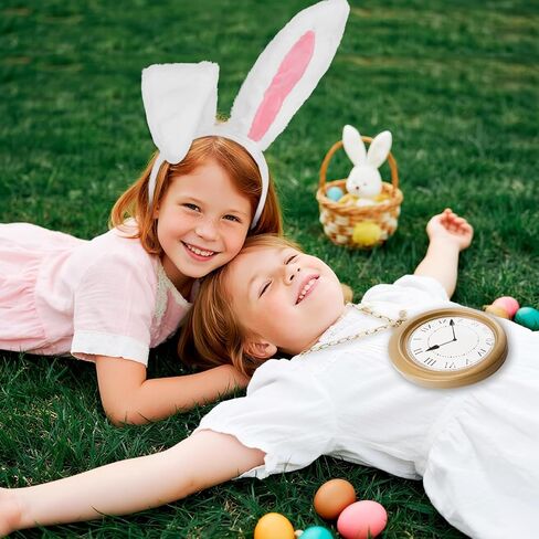 White Bunny Ears Headband & Tail Set 4PCS Rabbit Costume Accessories with Bow Tie Clock Necklace for Easter Halloween Cosplay Adults Party Dress Up in Kuwait