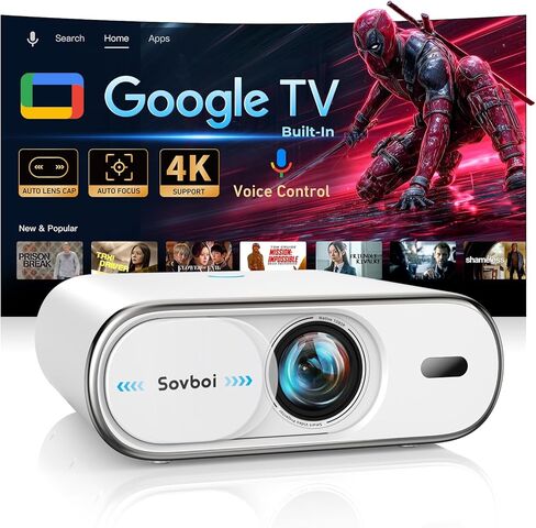 4K Projector Built-in Google TV: 2500 ANSI/Auto Lens Cap & 4D Keystone/Auto Focus & AI Voice Control, Sovboi Smart Portable Projector with WiFi6 & Bluetooth, Outdoor Movie Proyector for Streaming Apps in Kuwait