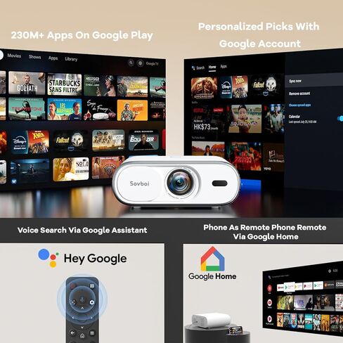 4K Projector Built-in Google TV: 2500 ANSI/Auto Lens Cap & 4D Keystone/Auto Focus & AI Voice Control, Sovboi Smart Portable Projector with WiFi6 & Bluetooth, Outdoor Movie Proyector for Streaming Apps in Kuwait