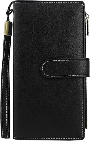 Large Capacity Genuine Leather Wallet for Women RFID Blocking Double Zipper Bifold Wristlet Clutch Black (Black) in Saudi Arabia
