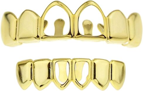 14k Gold Plated Two Open Face Front Tooth Grillz Set Top & Bottom Teeth Row Hip Hop Mouth Grills in Kuwait