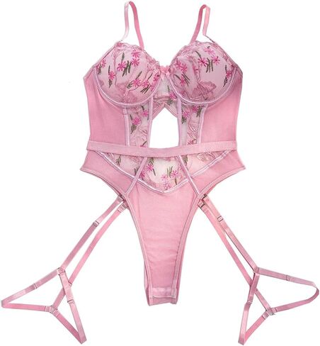 SHENHE Women's Sexy Floral Embroidery Sheer Lace Corset Teddy One Piece Bodysuit Lingerie Set with Garter Straps in Saudi Arabia