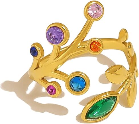 LadayPoa 18K Gold Plated Cubic Zirconia Adjustable Rings, Open Flower Leaf Rings for Women, Chunky Stainless Steel Plant Statement Jewelry Crystal Gemstone Fashion Resizable Band in Kuwait