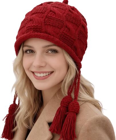 CLeemuziN Cute Winter Crochet Knitted Beanie Hat for Women Girls Tassel Earflap Chunky Hat Outdoor Braid Skull Caps in Kuwait