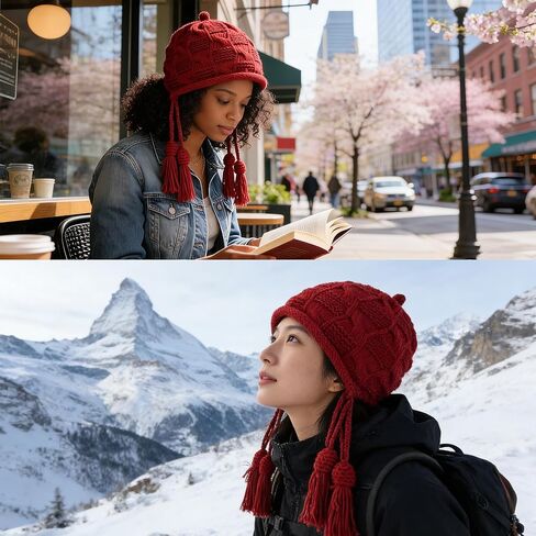 CLeemuziN Cute Winter Crochet Knitted Beanie Hat for Women Girls Tassel Earflap Chunky Hat Outdoor Braid Skull Caps in Kuwait