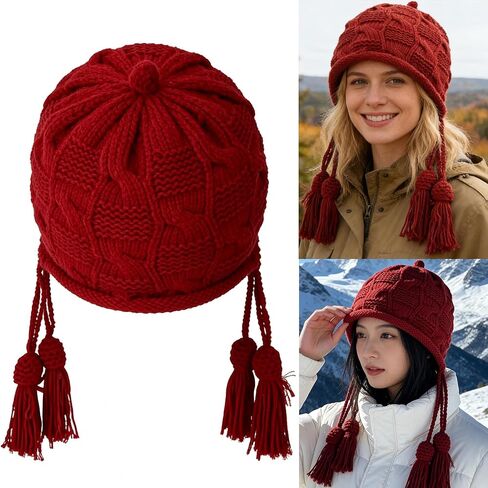 CLeemuziN Cute Winter Crochet Knitted Beanie Hat for Women Girls Tassel Earflap Chunky Hat Outdoor Braid Skull Caps in Kuwait