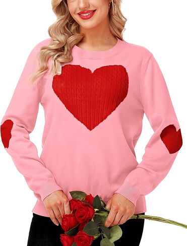 سترة Magrank النسائية اللطيفة على شكل قلب وأكمام طويلة ورقبة دائرية لعيد الحب بلوفر مضلع متماسك in Kuwait