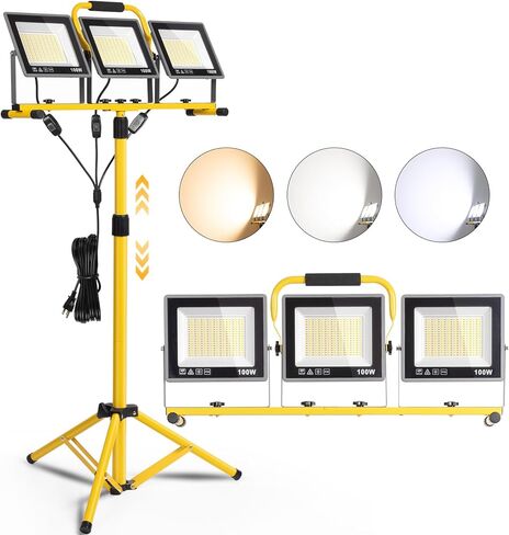 مصابيح عمل LED محمولة مع حامل، 31000 لومن 3 مصابيح عمل للرأس مع مفتاح فردي (3000K/5000K/6500K يمكن اختيارها) وسلك بطول 16.5 قدم، IP66 مقاوم للماء حامل ثلاثي القوائم قابل للطي للأماكن الخارجية in Kuwait