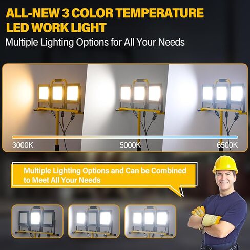 مصابيح عمل LED محمولة مع حامل، 31000 لومن 3 مصابيح عمل للرأس مع مفتاح فردي (3000K/5000K/6500K يمكن اختيارها) وسلك بطول 16.5 قدم، IP66 مقاوم للماء حامل ثلاثي القوائم قابل للطي للأماكن الخارجية in Kuwait