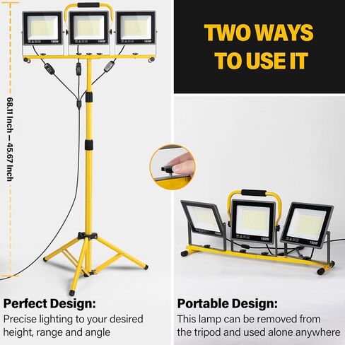 مصابيح عمل LED محمولة مع حامل، 31000 لومن 3 مصابيح عمل للرأس مع مفتاح فردي (3000K/5000K/6500K يمكن اختيارها) وسلك بطول 16.5 قدم، IP66 مقاوم للماء حامل ثلاثي القوائم قابل للطي للأماكن الخارجية in Kuwait
