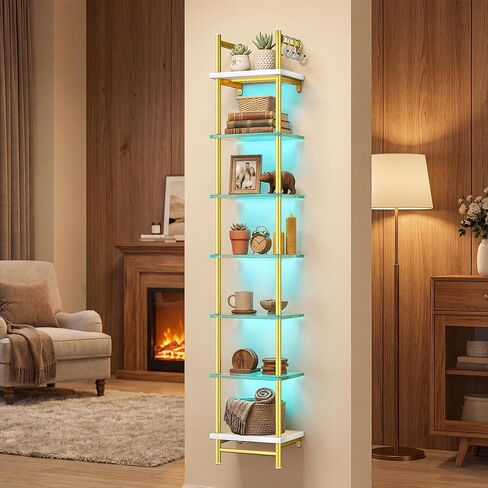 أرفف عائمة LED، رف حائط زجاجي مكون من 5 طبقات، أرفف عرض لغرفة المعيشة وغرفة الألعاب وغرفة النوم، من ألياف الكربون باللون الأسود in Kuwait