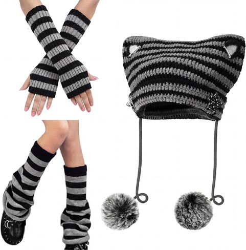 قبعات لتدفئة الذراع والساق Y2k Beanie Cat، قبعات كروشيه للأذن على شكل قطة Kawaii وإكسسوارات قوطية لفصل الشتاء، قبعة بيني محبوكة بديكور Emo Rave للفتيات باللون الأسود in Kuwait