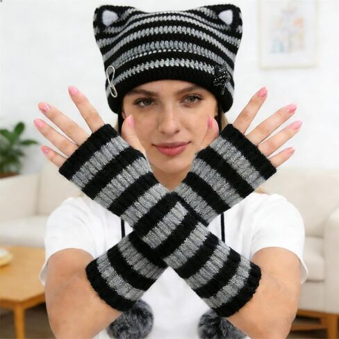 قبعات لتدفئة الذراع والساق Y2k Beanie Cat، قبعات كروشيه للأذن على شكل قطة Kawaii وإكسسوارات قوطية لفصل الشتاء، قبعة بيني محبوكة بديكور Emo Rave للفتيات باللون الأسود in Kuwait