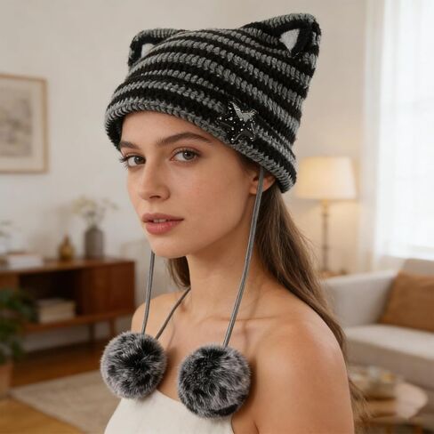 قبعات لتدفئة الذراع والساق Y2k Beanie Cat، قبعات كروشيه للأذن على شكل قطة Kawaii وإكسسوارات قوطية لفصل الشتاء، قبعة بيني محبوكة بديكور Emo Rave للفتيات باللون الأسود in Kuwait