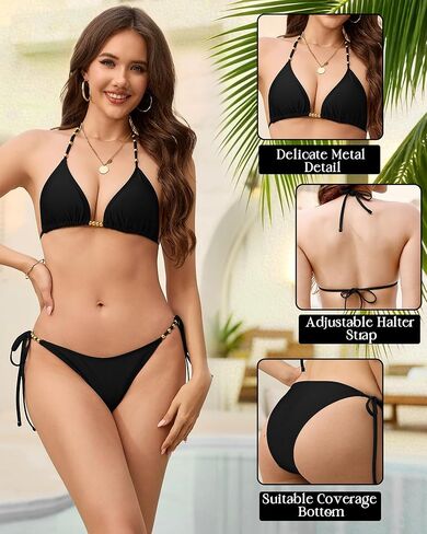 Bikini Sets for Women Two Piece Swimsuit Gold Beads Adjustable Straps Bathing Suit Triangle Cheeky String Bikini Sets in Saudi Arabia