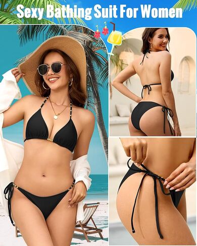 Bikini Sets for Women Two Piece Swimsuit Gold Beads Adjustable Straps Bathing Suit Triangle Cheeky String Bikini Sets in Saudi Arabia