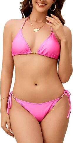 Bikini Sets for Women Two Piece Swimsuit Gold Beads Adjustable Straps Bathing Suit Triangle Cheeky String Bikini Sets in Saudi Arabia