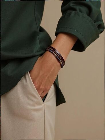 Leather Bracelet for Men Casual Brown Multi-Strand Bracelet Braided Bracelet Jewelry Gifts With Stainless Steel Clasp in Saudi Arabia