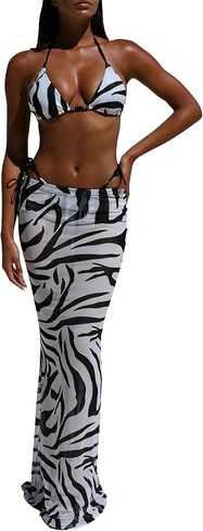 3 Piece Swimsuits for Women Sexy Halter Triangle Bikini Set with Long Sheer Mesh Cover Up Skirt in Saudi Arabia