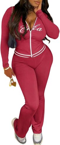 Women's 2 Piece Lounge Sets - Long Sleeve Zipper Hoodie Jacket & Flared Pants Casual Outfits Tracksuit in Saudi Arabia