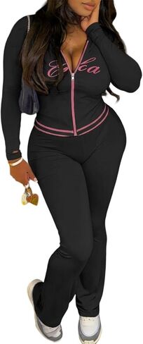 Women's 2 Piece Lounge Sets - Long Sleeve Zipper Hoodie Jacket & Flared Pants Casual Outfits Tracksuit in Saudi Arabia