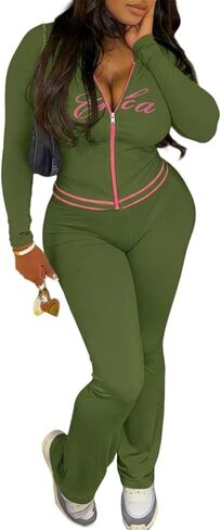 Women's 2 Piece Lounge Sets - Long Sleeve Zipper Hoodie Jacket & Flared Pants Casual Outfits Tracksuit in Saudi Arabia