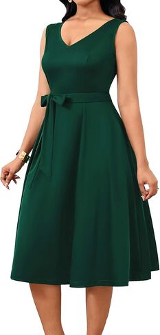 Nmoder Midi Dresses for Women, Sleeveless V Neck Cocktail Dress with Belt Retro Vintage Wedding Guest Dress with Pockets in Saudi Arabia