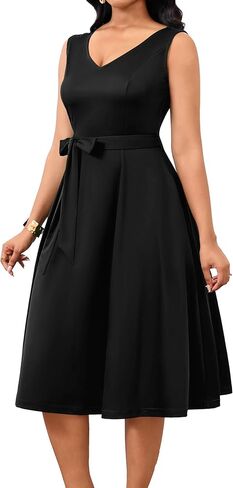 Nmoder Midi Dresses for Women, Sleeveless V Neck Cocktail Dress with Belt Retro Vintage Wedding Guest Dress with Pockets in Saudi Arabia