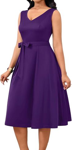 Nmoder Midi Dresses for Women, Sleeveless V Neck Cocktail Dress with Belt Retro Vintage Wedding Guest Dress with Pockets in Saudi Arabia