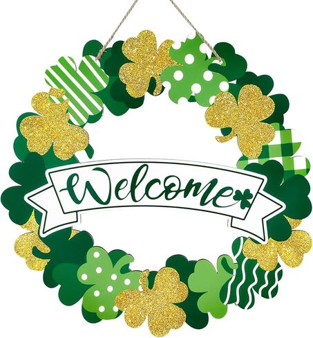علامة إكليل الباب الأمامي الخشبي لعيد القديس باتريك، البرسيم الذهبي الأخضر علامات الجدار الأيرلندية للترحيب بالربيع ديكور معلق لديكور المنزل والحفلات الخارجية والداخلية in Kuwait