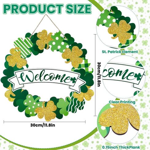 علامة إكليل الباب الأمامي الخشبي لعيد القديس باتريك، البرسيم الذهبي الأخضر علامات الجدار الأيرلندية للترحيب بالربيع ديكور معلق لديكور المنزل والحفلات الخارجية والداخلية in Kuwait