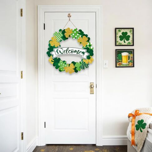 علامة إكليل الباب الأمامي الخشبي لعيد القديس باتريك، البرسيم الذهبي الأخضر علامات الجدار الأيرلندية للترحيب بالربيع ديكور معلق لديكور المنزل والحفلات الخارجية والداخلية in Kuwait
