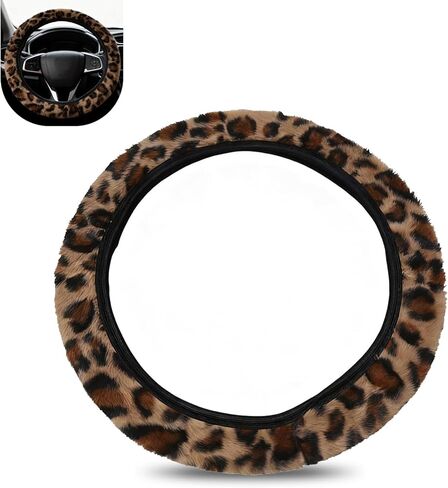 Fuzzy Car Steering Wheel Cover, Leopard Cheetah Print Decorative Cover, Non-slip Fluffy Warm Steering Wheel Protector, Furry Interior Accessory for Cars SUVs Trucks (Brown) in Kuwait