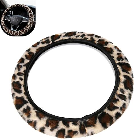 Fuzzy Car Steering Wheel Cover, Leopard Cheetah Print Decorative Cover, Non-slip Fluffy Warm Steering Wheel Protector, Furry Interior Accessory for Cars SUVs Trucks (Brown) in Kuwait