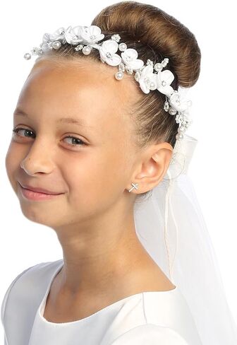 حجاب المناولة الأولى للفتيات من SWEA Pea & Lilli - غطاء رأس للمناولة الأولى باللون الأبيض مع مشط وزهور in Kuwait