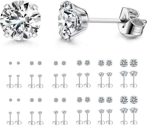 12 Pairs Stud Earrings Set, Cartilage Piercing Hypoallergenic Surgical Stainless Steel 316L Earring for Women Men, Cubic Zirconia, 6 Different Sizes (3, 4, 5, 6, 7, 8 mm) in Saudi Arabia