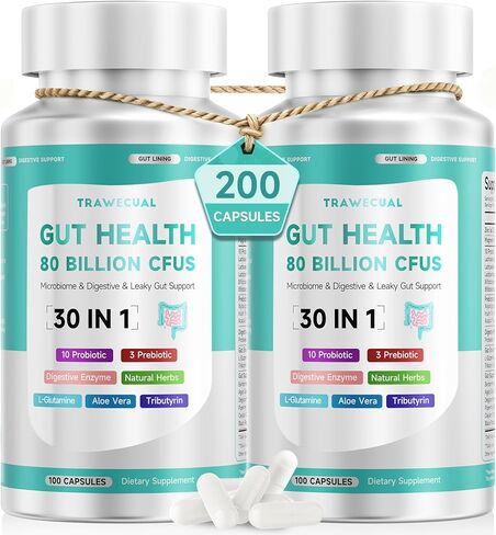 Trawecual Gut Health Capsule Supplement, Supports Microbiome, Leaky Gut, and Digestion, with 80 Billion CFU Probiotics, Prebiotics, Digestive Enzymes, 30-in-1 Gut Health Supplement, 100 Capsules in Saudi Arabia
