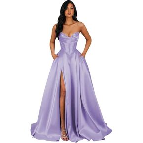 الساتان الترتر ألف خط حفلة موسيقية فساتين طويلة مشد حمالة مساء حزب رسمي اللباس الكرة ثوب مع جيوب الشق in Kuwait