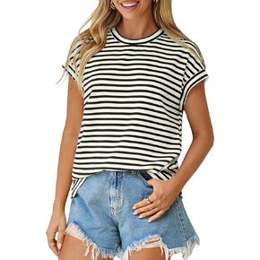 Glamaker Women Cap Sleeve Basic Tops Crewneck Striped Tee Shirts Summer Short Sleeve T-Shirt Casual Fashion Clothes 2026 in Kuwait