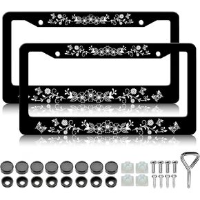 Black and White Flowers License Plate Frames - 2 Pack Beautiful Floral Butterfly License Plate Holder, Aluminum Metal Rust-Proof Waterproof Car Decorative Tag Frame for Standard US 12x6 Inch in Saudi Arabia