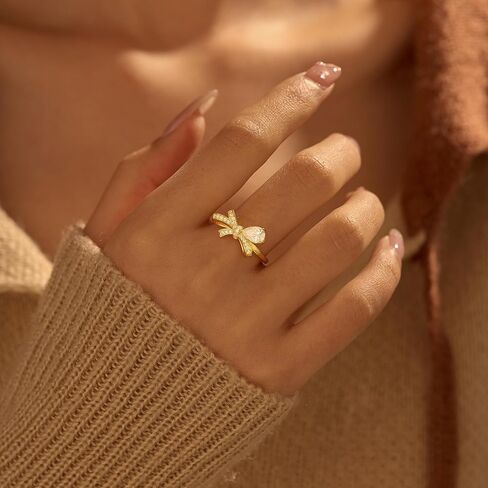 S925 Sterling Silver Dainty CZ Bow Ring for Women, Cute Shiny White Cubic Zirconia Bowkont Rings for Mother Daughter Engagement Wedding Mother’s Day Ring Size 6-9 in Saudi Arabia