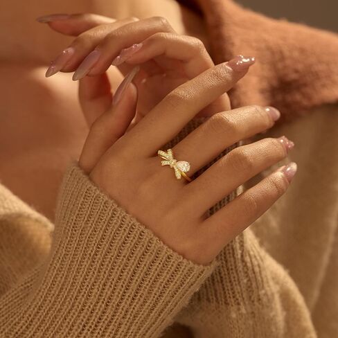 S925 Sterling Silver Dainty CZ Bow Ring for Women, Cute Shiny White Cubic Zirconia Bowkont Rings for Mother Daughter Engagement Wedding Mother’s Day Ring Size 6-9 in Saudi Arabia
