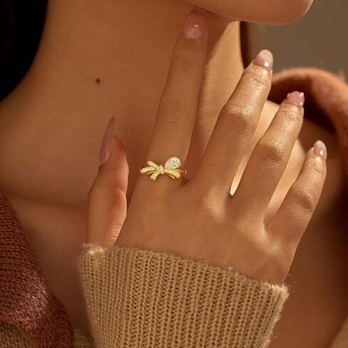 S925 Sterling Silver Dainty CZ Bow Ring for Women, Cute Shiny White Cubic Zirconia Bowkont Rings for Mother Daughter Engagement Wedding Mother’s Day Ring Size 6-9 in Saudi Arabia