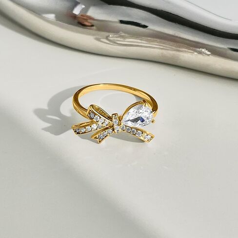 S925 Sterling Silver Dainty CZ Bow Ring for Women, Cute Shiny White Cubic Zirconia Bowkont Rings for Mother Daughter Engagement Wedding Mother’s Day Ring Size 6-9 in Saudi Arabia