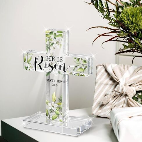 PVOPVO Easter Religious Decorations He Is Risen Christian Easter Cross Desk Decor Gifts for Women Men Friend for Home Office Prayer Room Desk Shelf Table Tiered Tray Spring Seasonl Decor in Kuwait