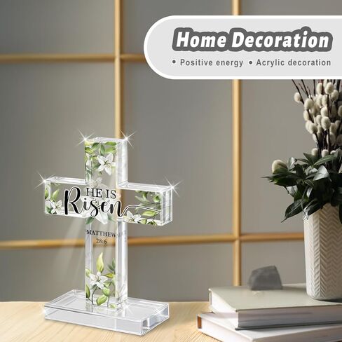 PVOPVO Easter Religious Decorations He Is Risen Christian Easter Cross Desk Decor Gifts for Women Men Friend for Home Office Prayer Room Desk Shelf Table Tiered Tray Spring Seasonl Decor in Kuwait