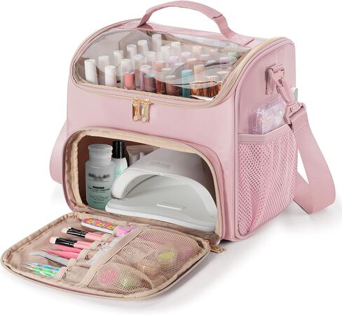 Prokva Nail Polish Organizer Bag Holds 42 Bottles(15ml/0.5 fl.oz), Double Layer Nail Storage Case for Gel Polish and Manicure Tools, Travel Nail Bag, Pink in Saudi Arabia