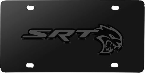 صورة iPick لشعار Dodge SRT Hellcat ثلاثي الأبعاد باللون الرمادي الداكن على لوحة ترخيص سوداء من الفولاذ المقاوم للصدأ - مرخصة رسميًا in Saudi Arabia