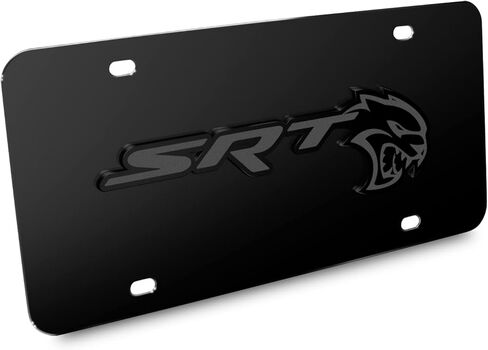 صورة iPick لشعار Dodge SRT Hellcat ثلاثي الأبعاد باللون الرمادي الداكن على لوحة ترخيص سوداء من الفولاذ المقاوم للصدأ - مرخصة رسميًا in Saudi Arabia